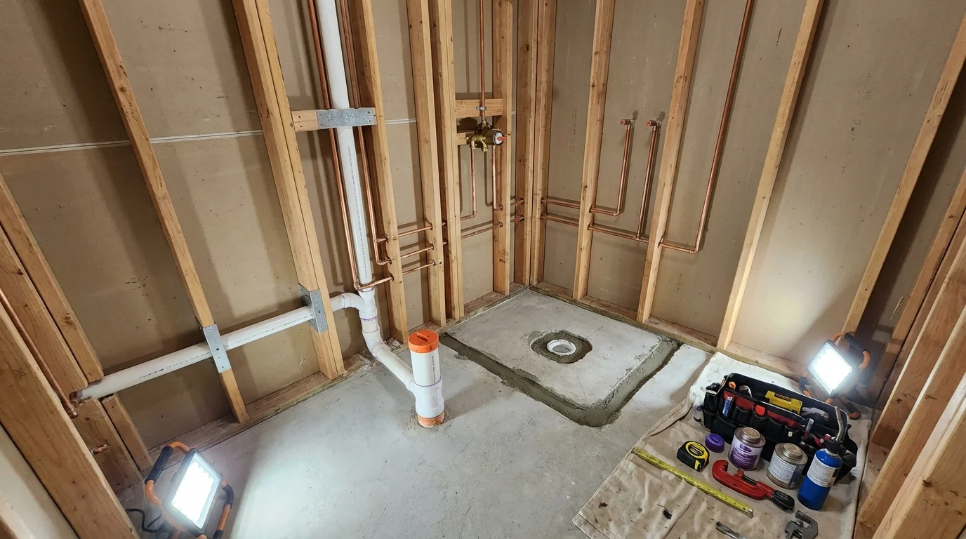 Bathroom rough-in plumbing during remodel by Johns Plumbing LLC in Oliver Springs