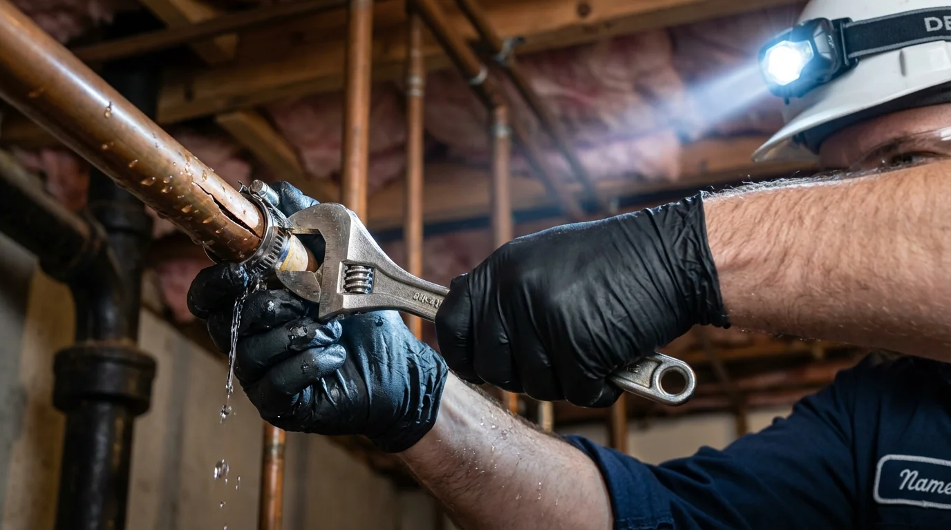 Emergency pipe clamp repair being performed by a Johns Plumbing LLC plumber in Oliver Springs