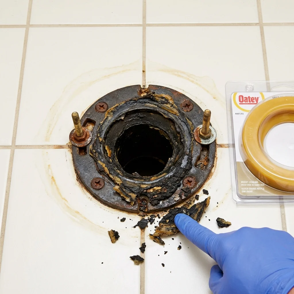 Failed wax ring showing water seepage at the base of a toilet in a Oliver Springs, TN home