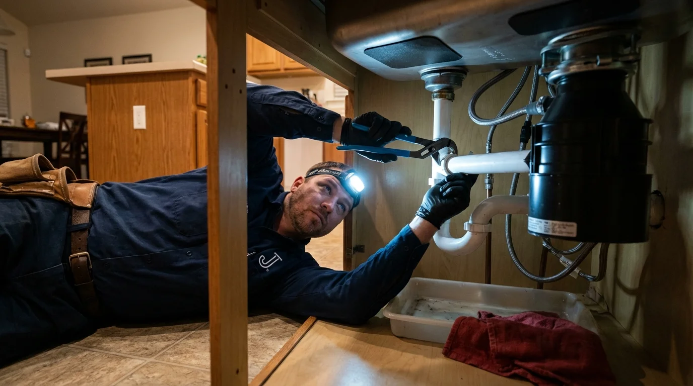 P-trap and supply line connections under a kitchen sink showing a common leak point in Oliver Springs, TN